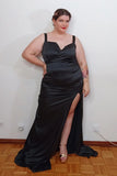 Plus Size Black Sheath Straps Sleveless Satin Split Prom Dresses Rjerdress