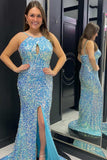 Plus Size Blue Iridescent Sequin Keyhole Mermaid Long Prom Dress with Slit