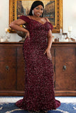 Plus Size Burgundy Spaghetti Straps Off The Shoulder Mermaid Sequins Prom Dresses Rjerdress