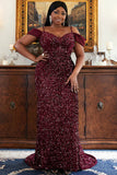 Plus Size Burgundy Spaghetti Straps Off The Shoulder Mermaid Sequins Prom Dresses