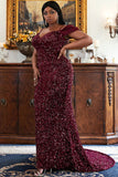 Plus Size Burgundy Spaghetti Straps Off The Shoulder Mermaid Sequins Prom Dresses Rjerdress