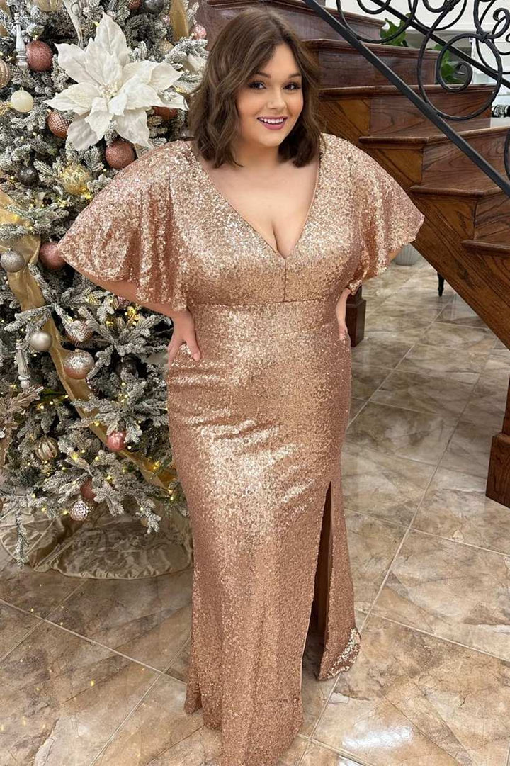 Plus Size Champagne Sequin V-Neck Ruffles Long Prom Dress with Slit –  Rjerdress