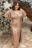 Plus Size Champagne Sequin V-Neck Ruffles Long Prom Dress with Slit Rjerdress