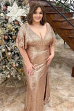 Plus Size Champagne Sequin V-Neck Ruffles Long Prom Dress with Slit Rjerdress