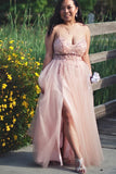 Plus Size Gorgeous A-Line Spaghetti Straps V Neck Tulle Prom Dresses With Beaded