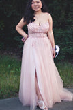 Plus Size Gorgeous A-Line Spaghetti Straps V Neck Tulle Prom Dresses With Beaded Rjerdress