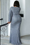 Plus Size Gray Sequin V-Neck Long Sleeve Mermaid Prom Dress Rjerdress
