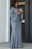 Plus Size Gray Sequin V-Neck Long Sleeve Mermaid Prom Dress Rjerdress