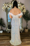 Plus Size Iridescent Sequin Feather Off the Shoulder Sheath Long Prom Dress with Slit Rjerdress