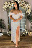 Plus Size Iridescent Sequin Feather Off the Shoulder Sheath Long Prom Dress with Slit