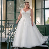 Plus Size Long Elegant A Line V-Neck Sleeveless Lace Applique Wedding Dresses