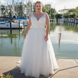 Plus Size Long Exquisite A Line  V-Neck Straps Appliques Sleeveless Lace Up Wedding Dress