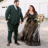 Plus Size Long Sleeves Black Tulle Lace Appliqued Rustic V Neck Backless Wedding Dress Rjerdress