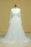 Plus Size Long Sleeves Bridal Dresses Scoop A Line Tulle & Lace Sweep Train