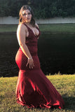Plus Size Mermaid Burgundy Straps Lace V-neck Prom Dress Rjerdress