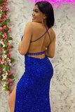 Plus Size Mermaid Grey Blue Halter Sweetheart Sequins Long Prom Dress with Slit Rjerdress
