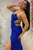 Plus Size Mermaid Grey Blue Halter Sweetheart Sequins Long Prom Dress with Slit Rjerdress