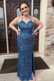 Plus Size Mermaid Grey Blue Halter Sweetheart Sequins Long Prom Dress with Slit