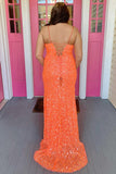 Plus Size Mermaid Orange Spaghetti Straps Lace-Up Sequins Prom Dress with Slit