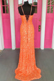 Plus Size Mermaid Orange Spaghetti Straps Lace-Up Sequins Prom Dress with Slit Rjerdress
