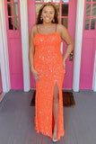 Plus Size Mermaid Orange Spaghetti Straps Lace-Up Sequins Prom Dress with Slit Rjerdress