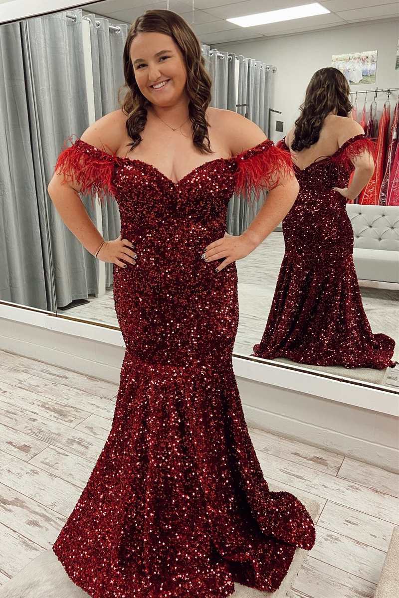 Plus Size Mermaid Red Sequin Feather Off the Shoulder Trumpet Long Pro ...