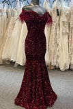 Plus Size Mermaid Red Sequin Feather Off the Shoulder Trumpet Long Prom Dress Rjerdress