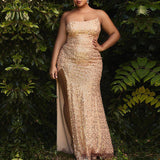 Plus Size Mermaid Strapless Sequins Prom Evening Dresses With Slit Rjerdress