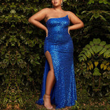 Plus Size Mermaid Strapless Sequins Prom Evening Dresses With Slit Rjerdress