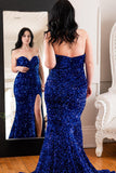 Plus Size Mermaid Sweetheart Blue Sequin Long Prom Dresses with Slit Rjerdress