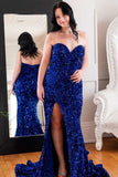 Plus Size Mermaid Sweetheart Blue Sequin Long Prom Dresses with Slit