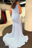 Plus Size Mermaid V Neck Light Blue Sequins Prom Dress with Keyhole Rjerdress