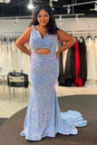Plus Size Mermaid V Neck Light Blue Sequins Prom Dress with Keyhole Rjerdress