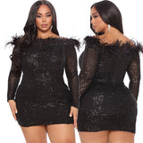 Plus Size Off The Shoulder Bodycon Sequins Short Prom Dresses With Feather