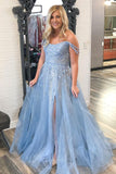 Plus Size Off the Shoulder Light Blue Appliques Tulle Long Prom Dresses With Split