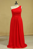 Plus Size One Shoulder Bridesmaid Dresses  Ruffled Bodice A-Line Chiffon Red Rjerdress