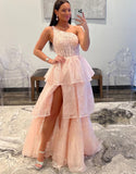 Plus Size One-Shoulder Light Blue Lace Tiered Long Prom Dress with Slit Rjerdress