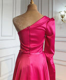 Plus Size One Shoulder Ruched Bodice Sheath Satin Prom Dresses With High Slit Rjerdress