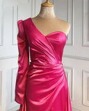 Plus Size One Shoulder Ruched Bodice Sheath Satin Prom Dresses With High Slit Rjerdress