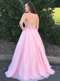 Plus Size Pink Tulle Spaghetti Straps V Neck Princess Floor-length with Appliques Lace Prom Dresses RJS807