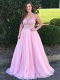 Plus Size Pink Tulle Spaghetti Straps V Neck Princess Floor-length with Appliques Lace Prom Dresses RJS807 Rjerdress