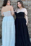 Plus Size Polka Dot Sweetheart A-Line Long Off the Shoulder Prom Dress with Pearl Straps Rjerdress