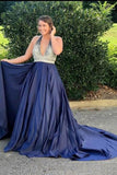 Plus Size Prom Dress Halter Satin With Beads & Sequins Open Back Court Train Rjerdress