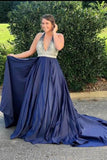 Plus Size Prom Dress Halter Satin With Beads & Sequins Open Back Court Train