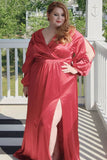 Plus Size Red Long Sleeve Satin V Neck Prom Dress With Split Rjerdress