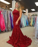 Plus Size Red Sequin One Shoulder Mermaid Long Prom Dress