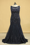 Plus Size See-Through Party Dresses Scoop Mermaid Tulle With Applique And Beading Black Rjerdress