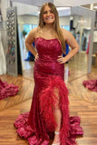 Plus Size Sequin Feather Strapless Mermaid Long Prom Dress with Slit