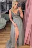 Plus Size Sexy A Line Rhinestone Beaded High Slit Tulle Grey Long Deep V Neck Prom Dresses RJS415