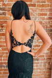 Plus Size Sexy Black V Neck Lace Spaghetti Straps Mermaid Open Back Long Prom Dresses RJS116 Rjerdress